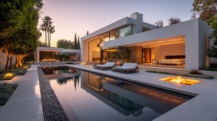 Fototapeta premium Modern luxury house with swimming pool at evening