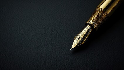 Close-up of a gold fountain pen nib resting on a dark surface