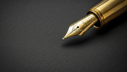 Close-up of a gold fountain pen nib resting on dark surface