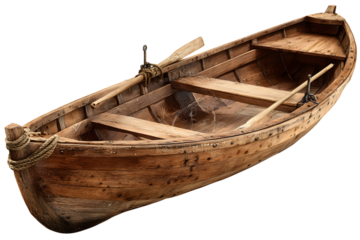 Classic wooden rowboat with attached anchor, isolated on transparent background, ready for maritime adventures
