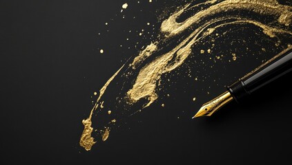 Gold ink splatter on black background, fountain pen