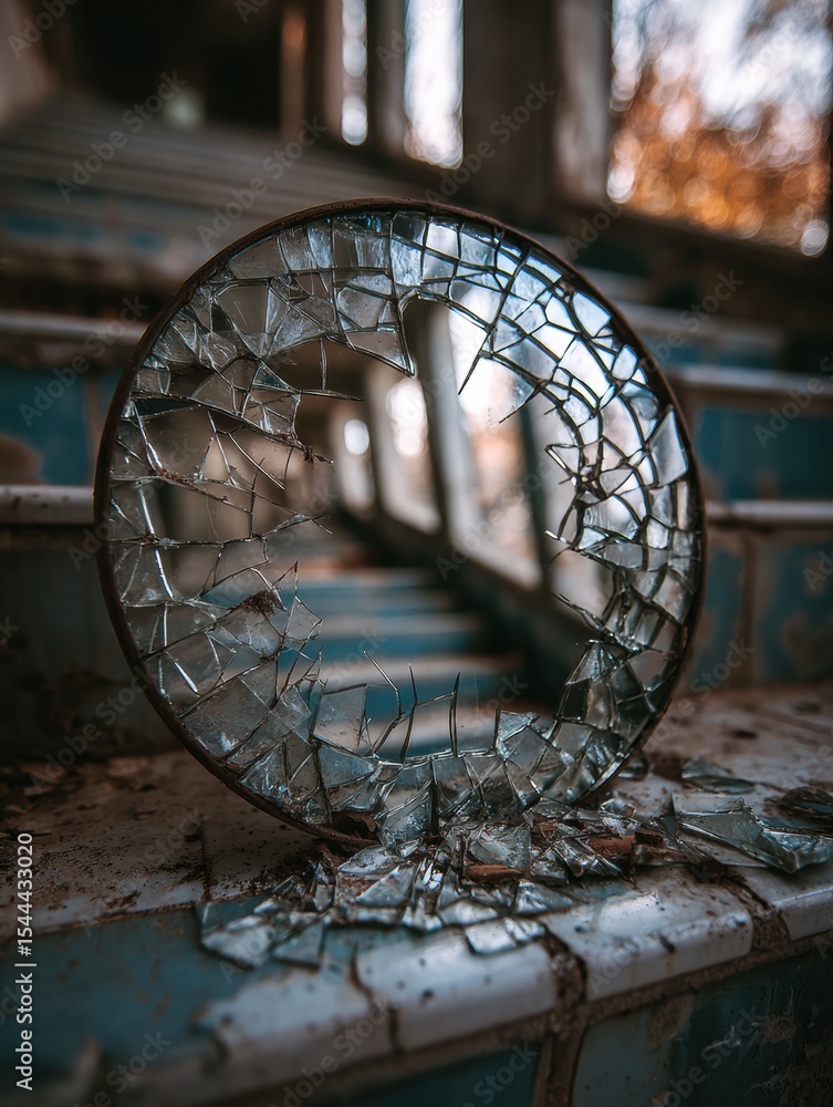 Poster broken mirror reflecting fragmented self-image in abandoned space with soft light