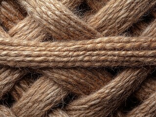 Fototapeta premium high-quality photograph, texture of woven natural fibers like jute or hemp, warm tan and brown colors with visible thread detail and soft natural shadows. Generative AI