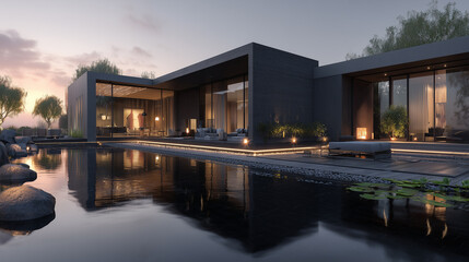 Obraz premium Black theme modern house with pool