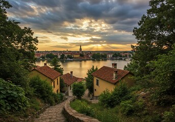 Golden Sunset over a Picturesque European Town