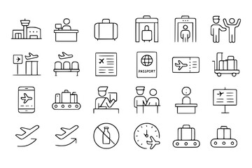 Fototapeta premium Minimal Airport and Travel Line Icons Set