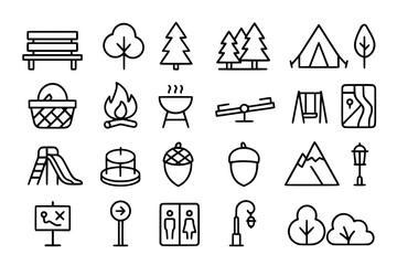 Fototapeta premium Outdoor Activity and Adventure Line Icons Set. Outdoor, activity, adventure, nature, camping, hiking, trekking, mountain, climbing, tent, campfire, flashlight, backpack, map, compass, binoculars, fish