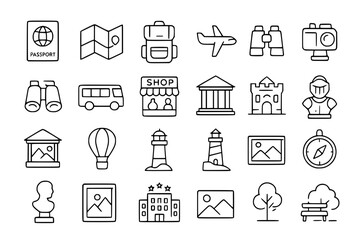 Travel and Tourism Line Icons Set. Travel, tourism, vacation, holiday, journey, adventure, explore, world, globe, map, pinpoint, compass, passport, ticket, luggage, suitcase, airplane, car, boat, trai