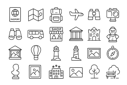 Travel and Tourism Line Icons Set. Travel, tourism, vacation, holiday, journey, adventure, explore, world, globe, map, pinpoint, compass, passport, ticket, luggage, suitcase, airplane, car, boat, trai