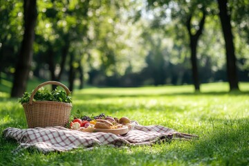 Picnic basket on checkered blanket in park. Lush green grass, trees, and sunlight fill the background