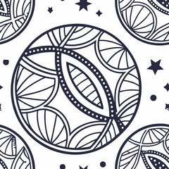 Abstract geometric doodles, monochrome, line-art style, seamless pattern design, suitable for backgrounds and packaging