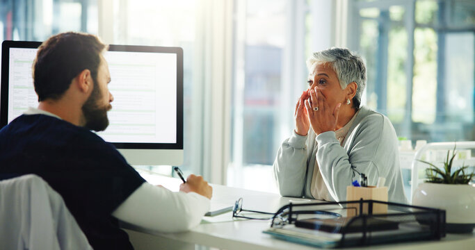 Doctor, patient and consultation with sinus for medical treatment, diagnosis or symptoms at clinic. Man, woman and sick client talking with healthcare worker for blocked nose or nasal inflammation