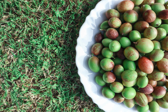 Top view of Karonda fruit on fruit. Bengal-currant or Carandas-plum , carissa carandas in green color