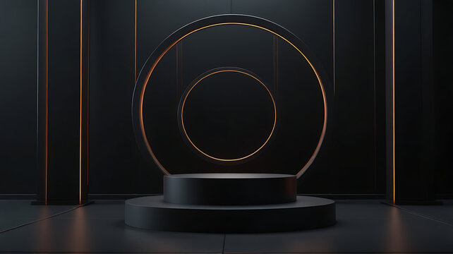 Dark minimalist product display with black platform and glowing orange circles