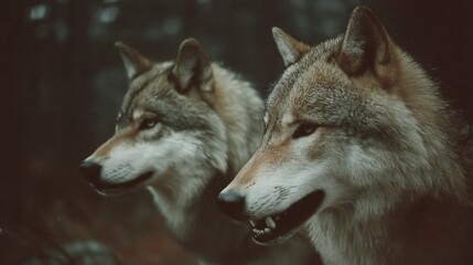 Obraz premium Vintage 35mm photo of wild wolves showing teeth in forest with muted tones, deep shadows, grainy film, warm tungsten light and cinematic atmosphere of isolation and mystery.
