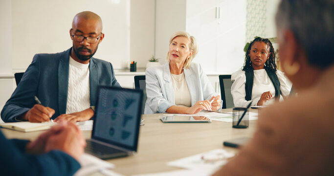 Business people, discussion and laptop in office for finance, company budget and explain expenses. Team, meeting and tech in boardroom for financial planning, audit briefing and fund analysis