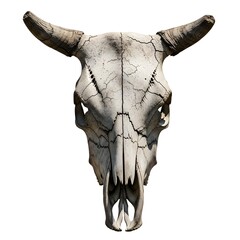 Bull, cow skull isolated against a white background. head, animal, nature, rustic, desert, western, ranch, eerie, macabre, bleached, dead, bones, wild, horned, closeup, anatomy, farm, vintage, rural