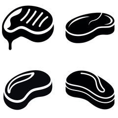 Black and White Icon Set Featuring Four Different Cuts of Steak, Illustrated Style