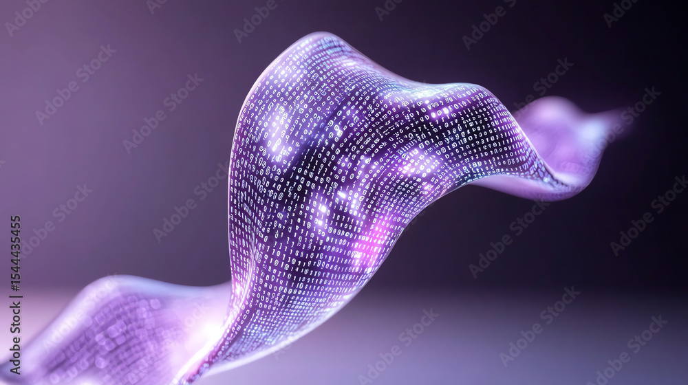 Poster a captivating display of digital waves, showcasing a blend of purple hues and sparkling lights, repr