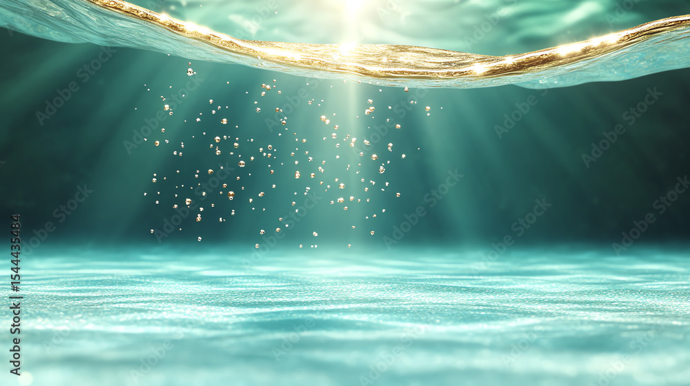 Poster a captivating underwater scene showcasing sunlight filtering through crystal-clear water, creating a