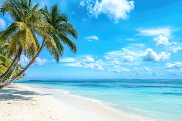 Tropical beach scene with palm trees.  Tranquil turquoise water, white sand, sunny day