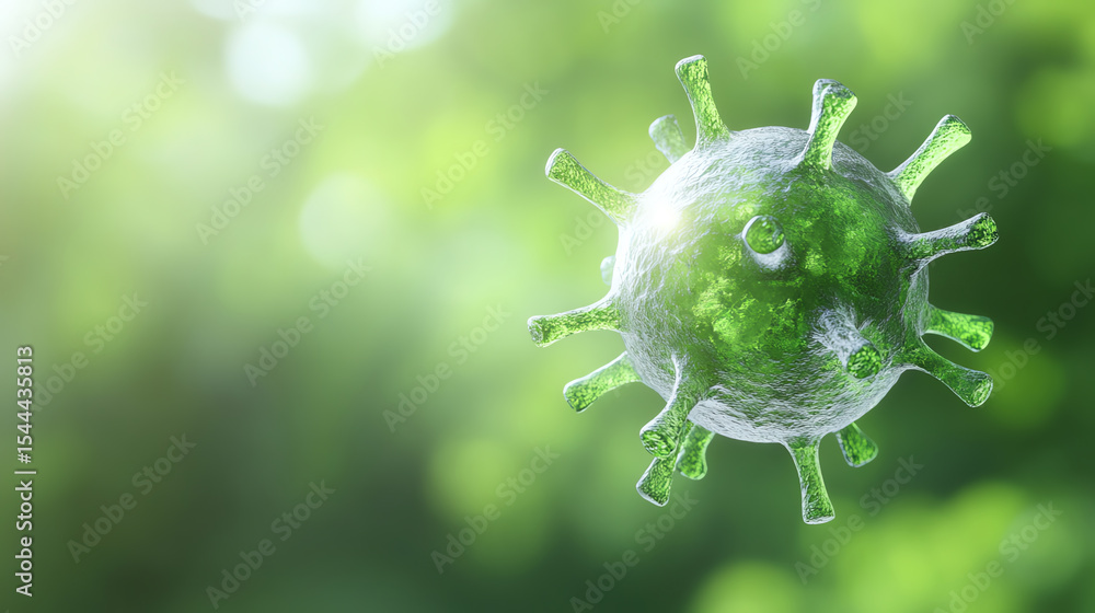 Poster a close-up view of a virus surrounded by vibrant green hues, representing the microscopic world of p