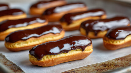 Close-up of a Classic eclair with glossy chocolate glaze neatly laid out on a baking sheet with baking paper