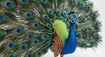 Fototapeta premium Vibrant peacock displays iridescent plumage against a bright white background. AI Generated