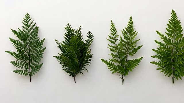 Five green fern arrangements on white background