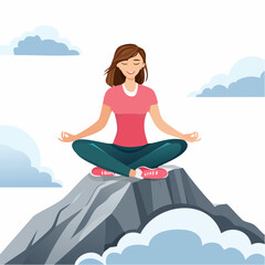 Woman meditating on mountain cliff above the clouds. Alone travel healthy lifestyle