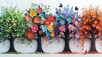 Four Seasons Trees Illustration - Spring Summer Autumn Winter Landscape