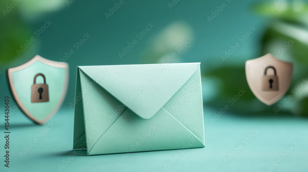 Poster A mint green envelope symbolizes secure communication, featured with shields representing data protection and privacy.