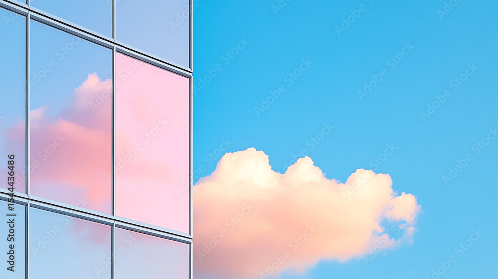Poster a modern glass building reflecting a beautiful blue sky with soft clouds, showcasing contemporary ar