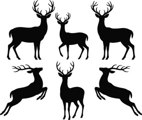 Silhouette illustration of six deer in various poses on white background