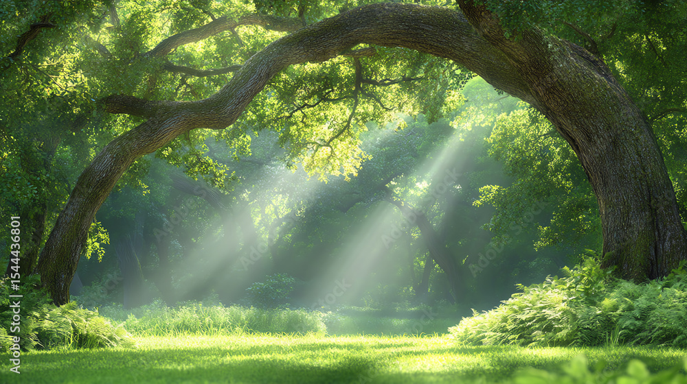 Poster A serene forest scene with sunlight filtering through lush foliage, creating a tranquil atmosphere in nature's beauty.