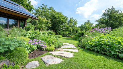A serene garden pathway surrounded by vibrant green plants and colorful flowers, perfect for relaxation and nature appreciation.