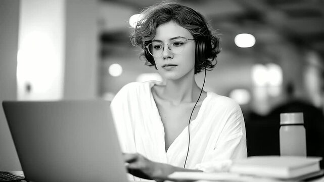 Focused professional working on laptop in coworking space,headphones,notebooks,water bottle