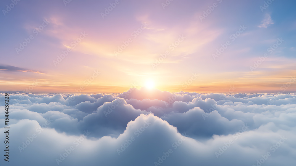 Poster a serene sunrise over fluffy clouds, creating a peaceful and inspiring atmosphere in the sky.