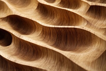 Close-up view of sculpted wood panel.  Organic, flowing grooves create a wave-like pattern.  Light brown tones highlight wood grain