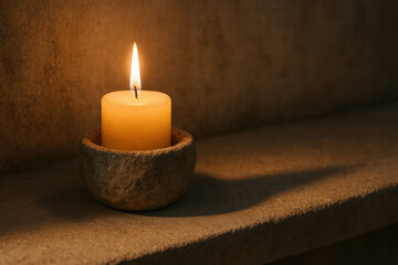 Cozy candlelight in rustic stoneholder casting warm glow in dim ambiance