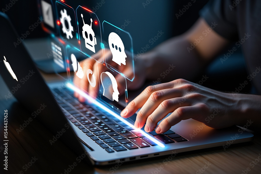 Poster person using laptop with futuristic digital interface showing ai and communication icons