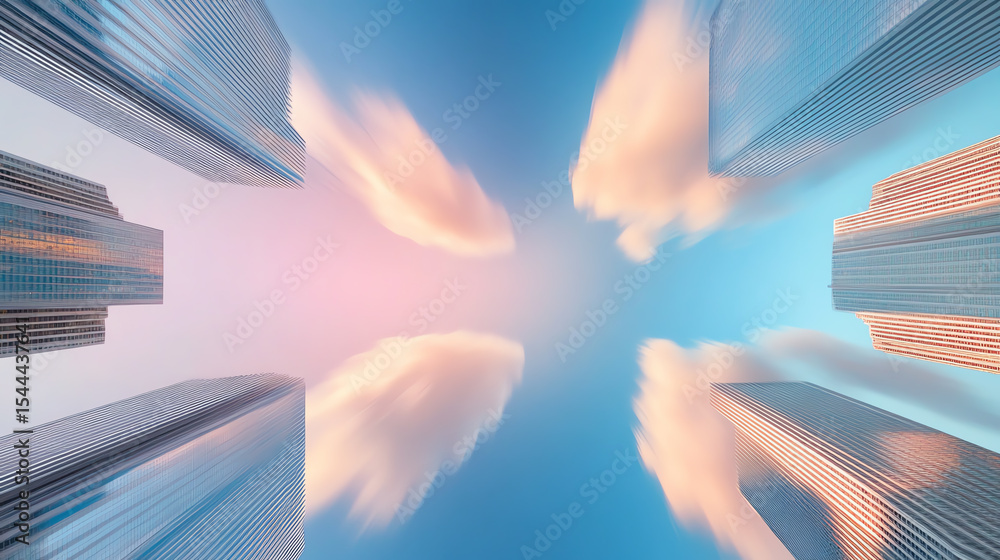 Poster a stunning aerial view of modern skyscrapers reaching towards a vibrant sky with soft clouds, showca