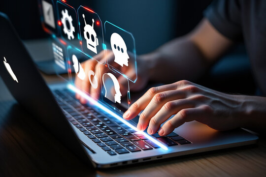 Person using laptop with futuristic digital interface showing AI and communication icons