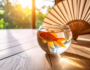 夏の風物詩と日本の情緒：木製の床に置かれた金魚鉢とうちわ - 涼やかな癒しと伝統的な美