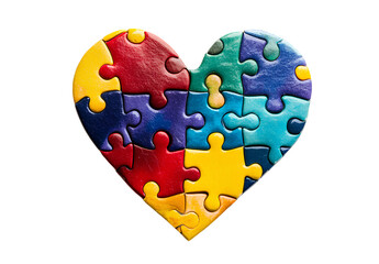  Colorful puzzle pieces coming together to form the shape of a heart on a white background, 