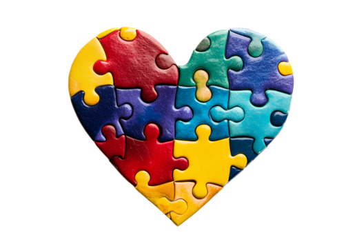  Colorful puzzle pieces coming together to form the shape of a heart on a white background,  - Powered by Adobe
