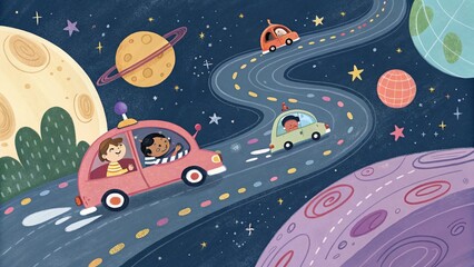 Naklejka premium Seamless pattern featuring cars and stars on a nighttime road with space for text, perfect for urban transportation themes