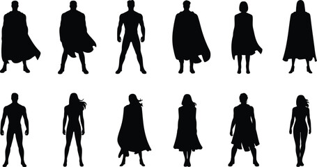 Silhouettes of superheroes and heroines standing in various poses