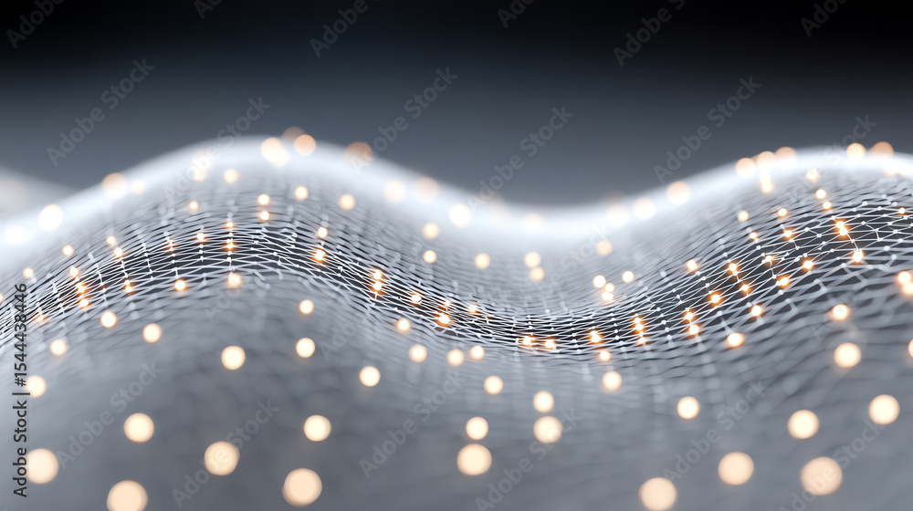 Poster Abstract waves of illuminated particles create a mesmerizing visual experience emphasizing digital innovation and connectivity.