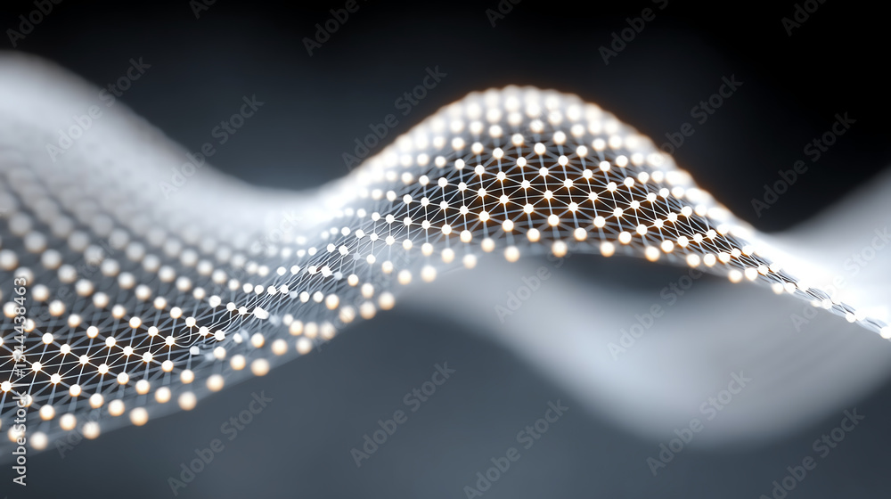Poster Abstract representation of digital data, showcasing a flowing wave of connected dots against a dark backdrop, symbolizing innovation.